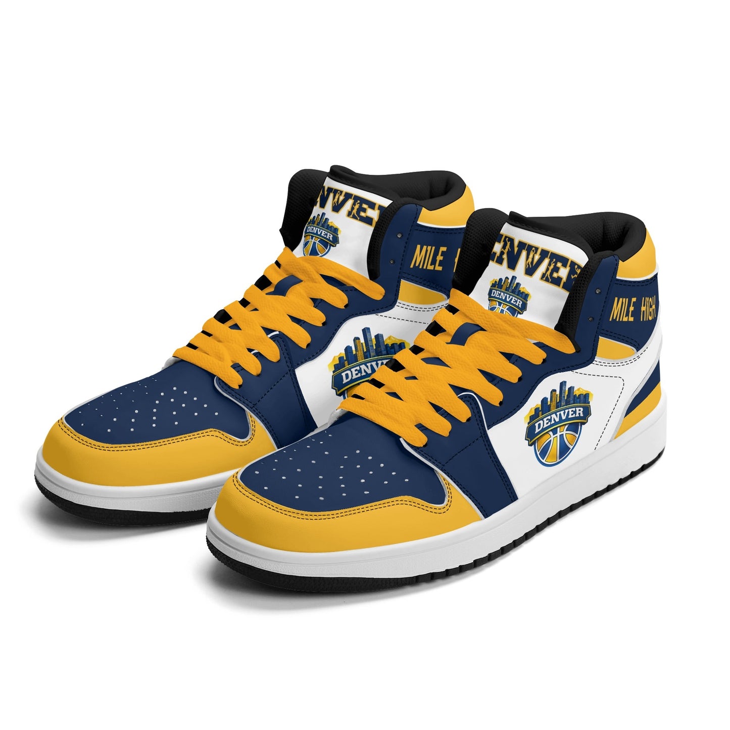 Denver basketball-inspired high top sneakers in white with all-over city graphic printed upper