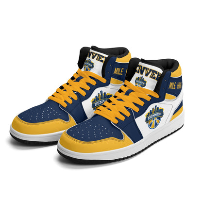 Denver basketball-inspired high top sneakers in white with all-over city graphic printed upper
