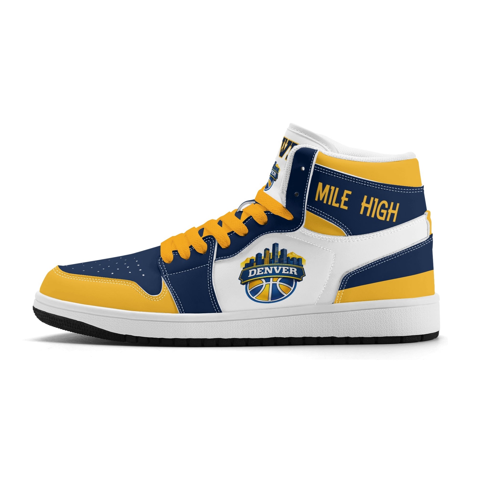 Denver basketball-inspired high top sneakers in white with all-over city graphic printed upper