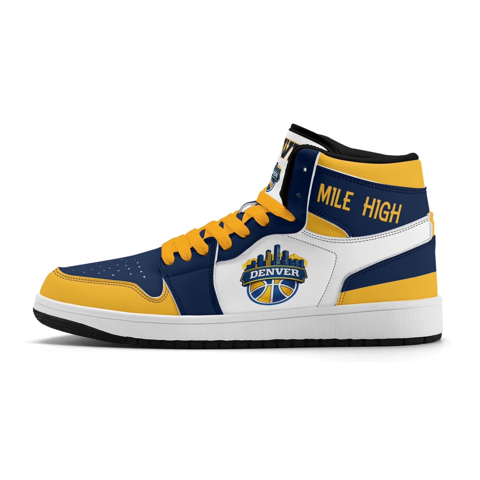 Denver basketball-inspired high top sneakers in white with all-over city graphic printed upper