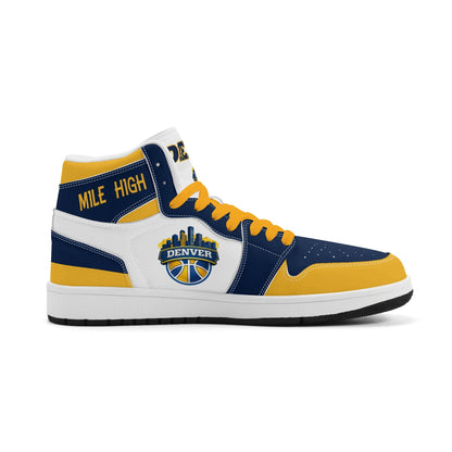 Denver basketball-inspired high top sneakers in white with all-over city graphic printed upper