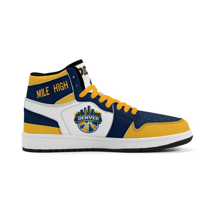 Denver basketball-inspired high top sneakers in white with all-over city graphic printed upper