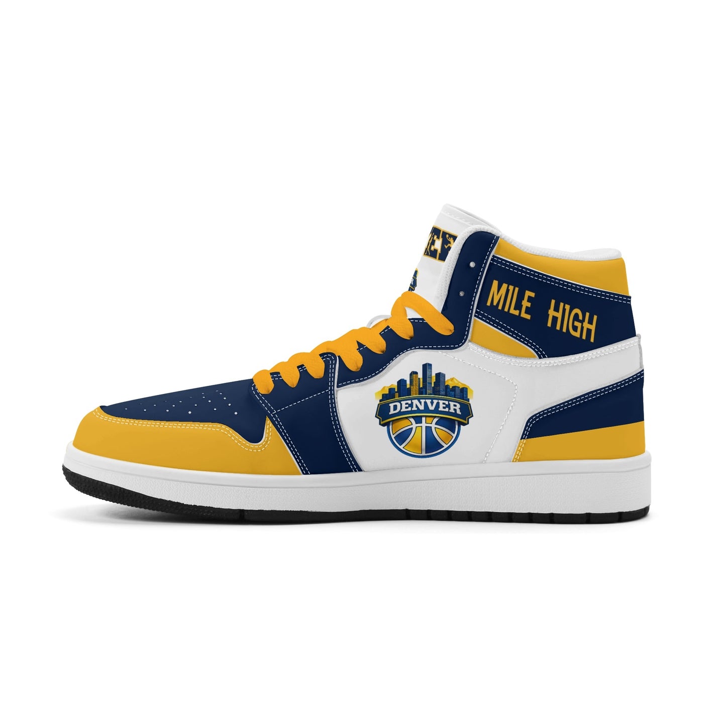 Denver basketball-inspired high top sneakers in white with all-over city graphic printed upper