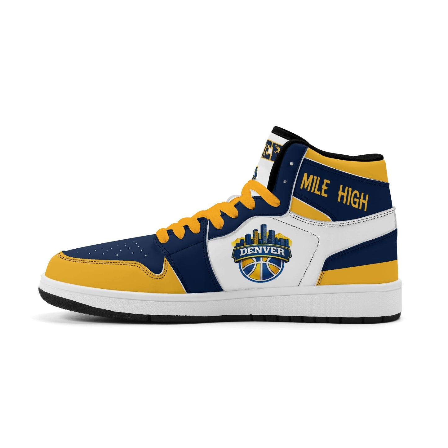 Denver basketball-inspired high top sneakers in white with all-over city graphic printed upper