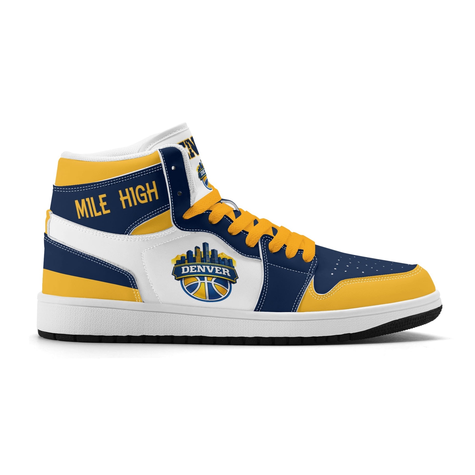 Denver basketball-inspired high top sneakers in white with all-over city graphic printed upper