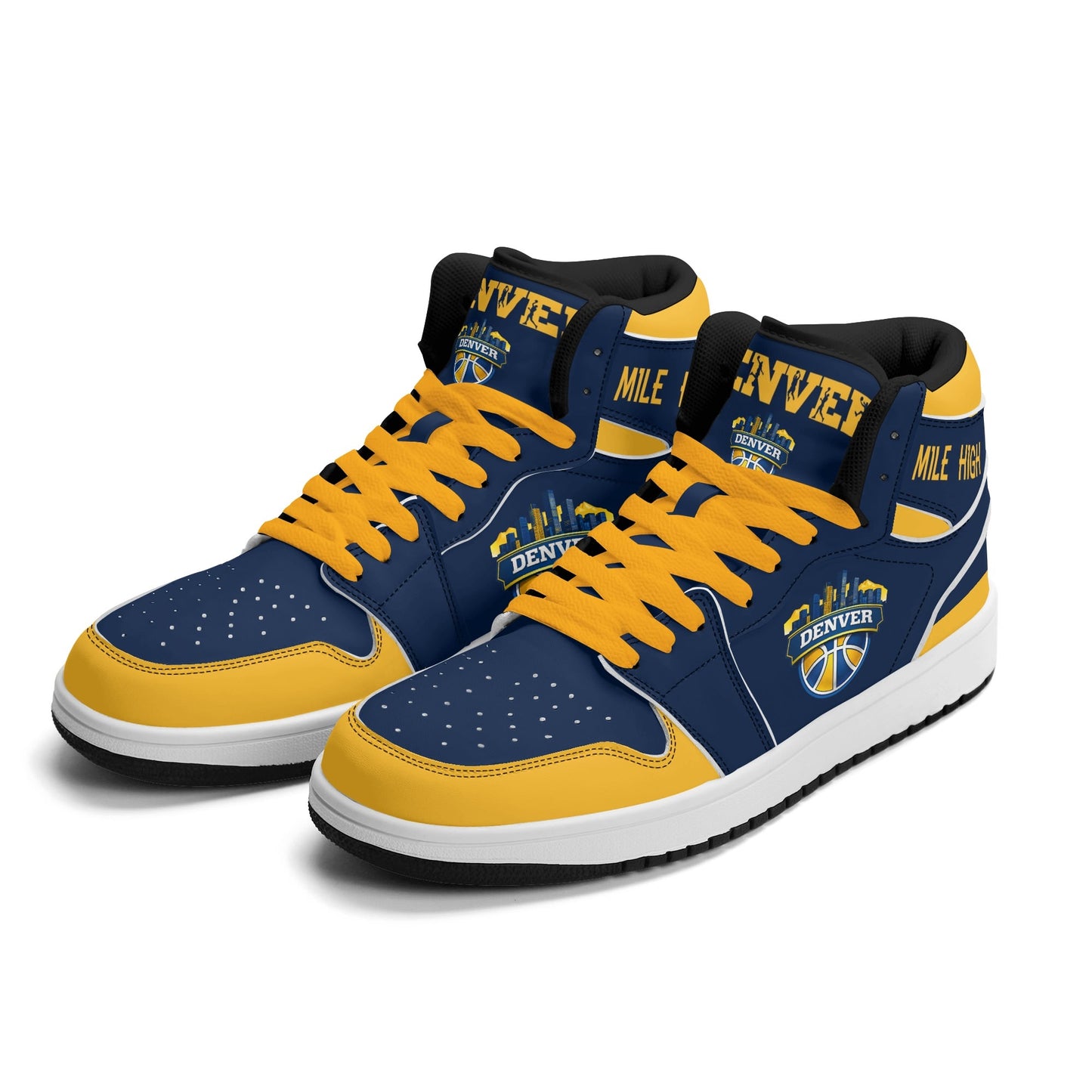 Denver basketball-inspired high top sneakers in navy with all-over city graphic printed upper