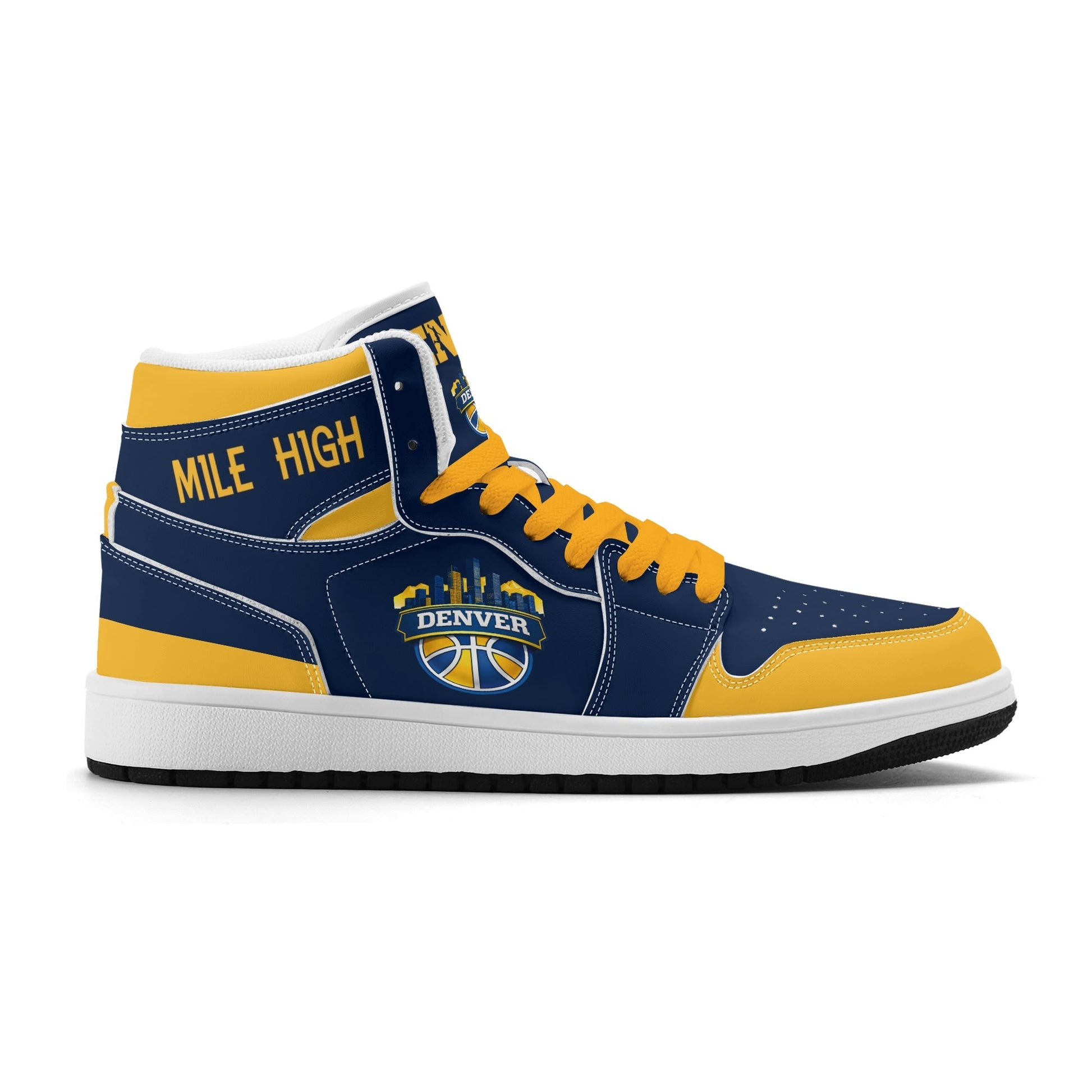 Denver basketball-inspired high top sneakers in navy with all-over city graphic printed upper