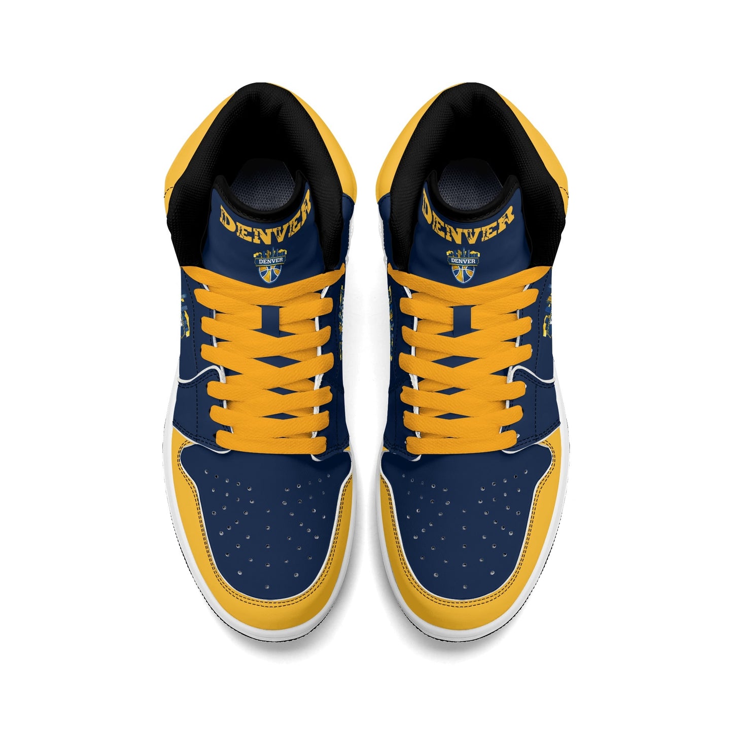 Denver basketball-inspired high top sneakers in navy with all-over city graphic printed upper