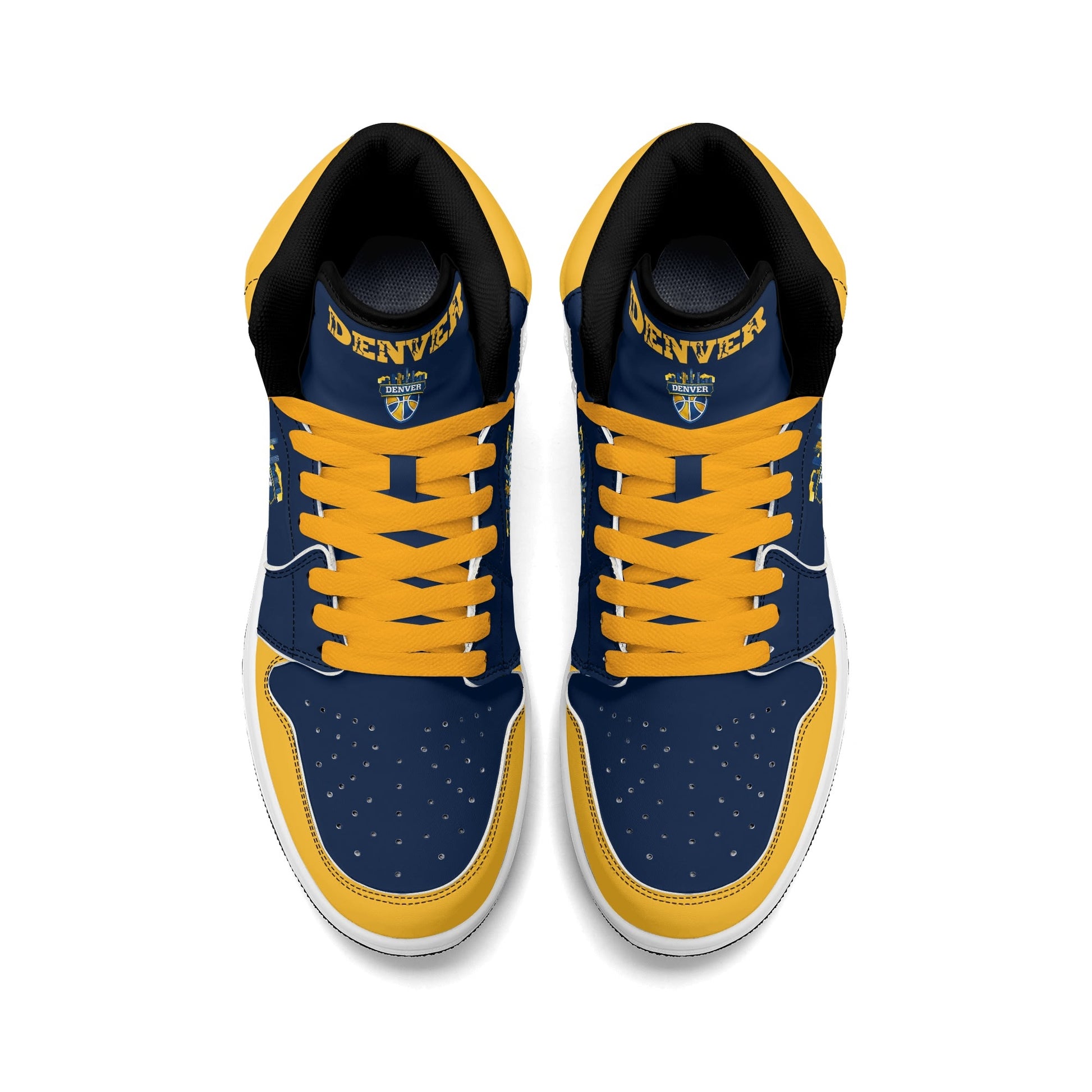 Denver basketball-inspired high top sneakers in navy with all-over city graphic printed upper