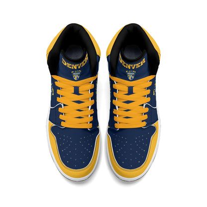 Denver basketball-inspired high top sneakers in navy with all-over city graphic printed upper