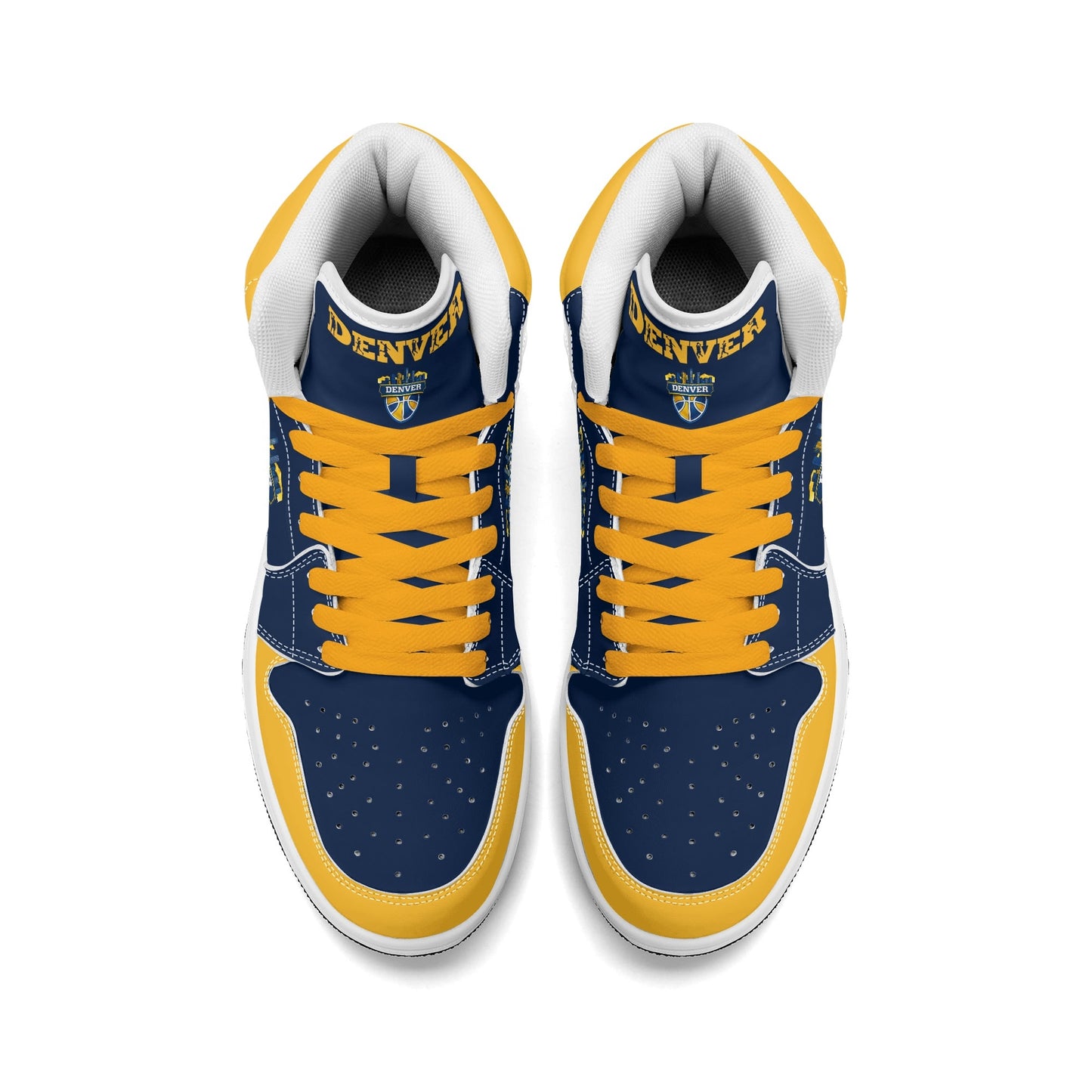 Denver basketball-inspired high top sneakers in navy with all-over city graphic printed upper