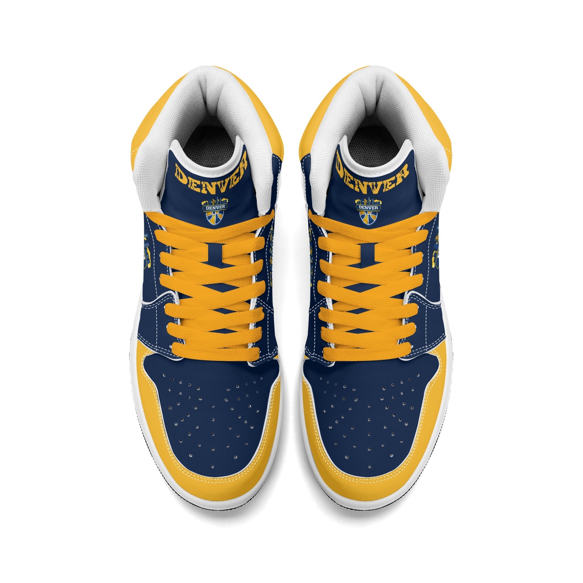 Denver basketball-inspired high top sneakers in navy with all-over city graphic printed upper