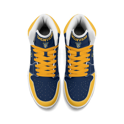 Denver basketball-inspired high top sneakers in navy with all-over city graphic printed upper