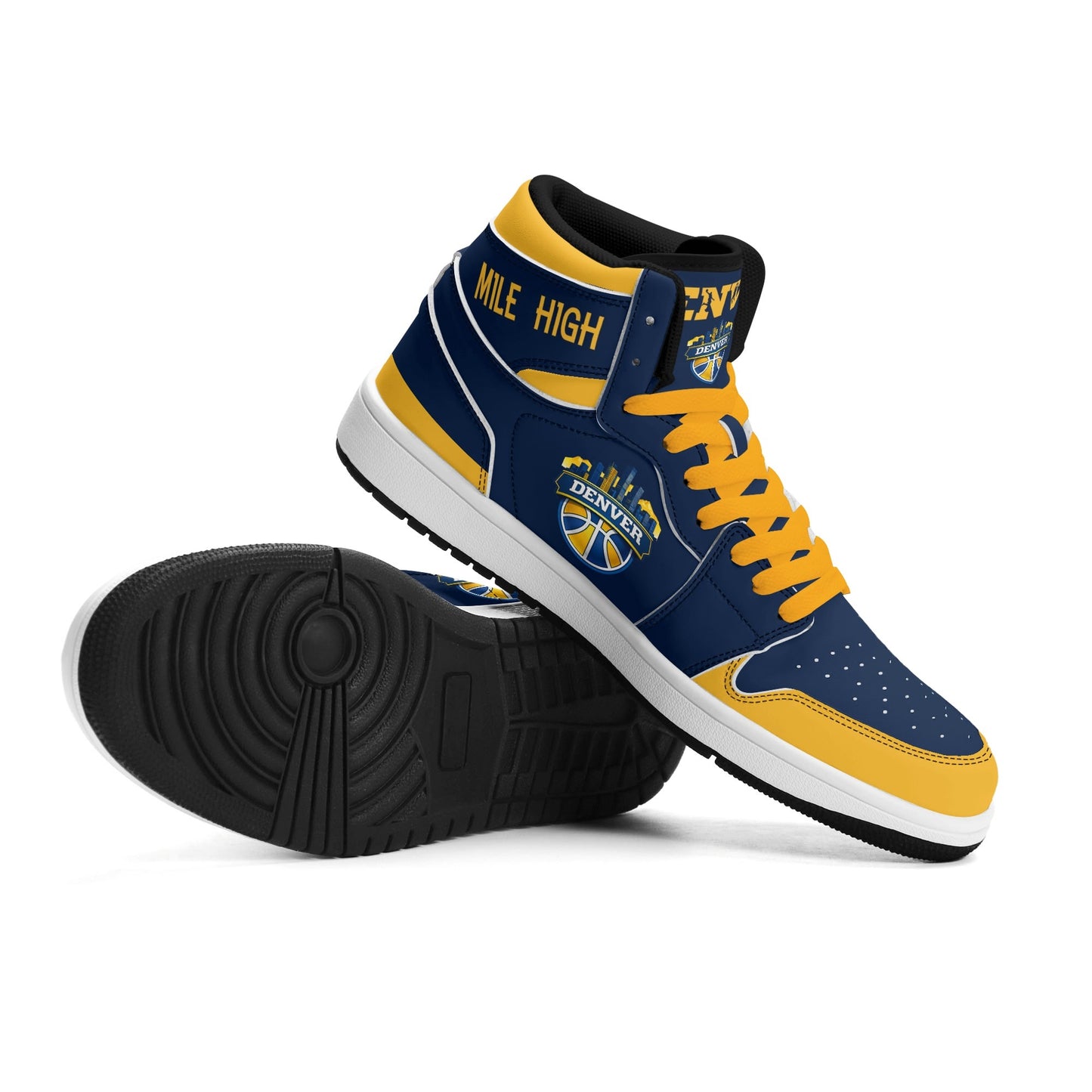Denver basketball-inspired high top sneakers in navy with all-over city graphic printed upper
