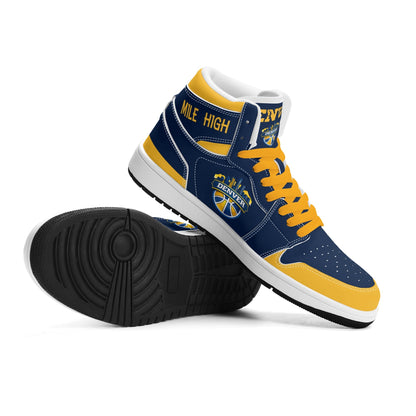Denver basketball-inspired high top sneakers in navy with all-over city graphic printed upper