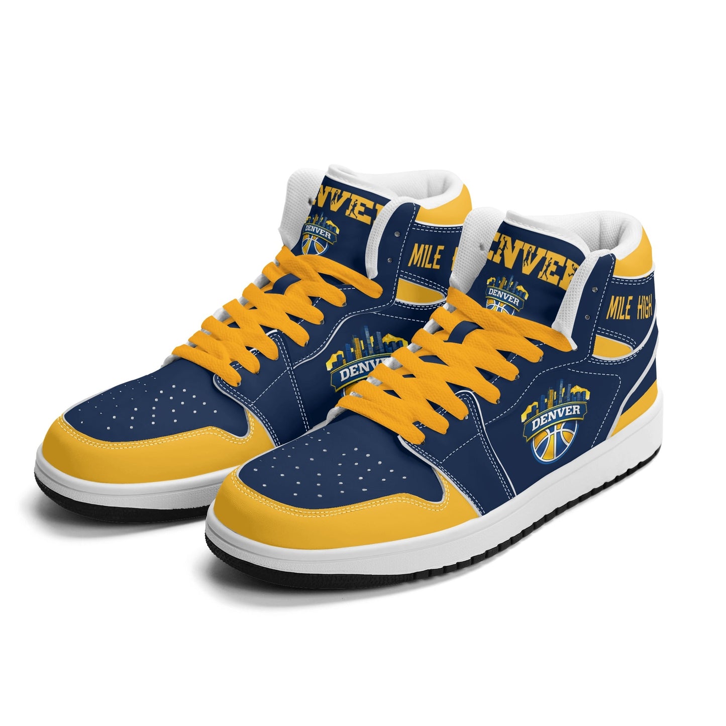 Denver basketball-inspired high top sneakers in navy with all-over city graphic printed upper