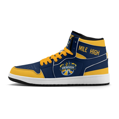 Denver basketball-inspired high top sneakers in navy with all-over city graphic printed upper