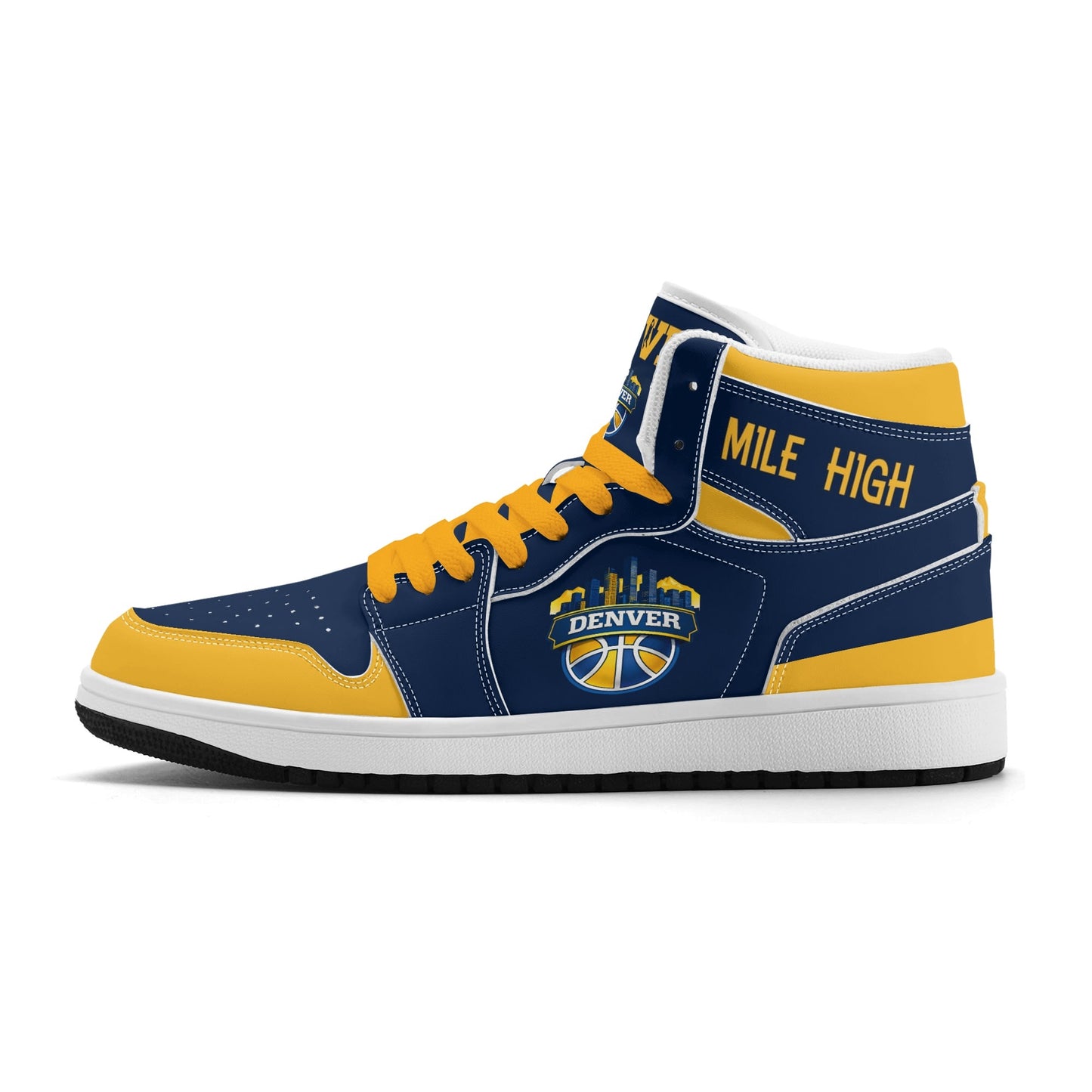 Denver basketball-inspired high top sneakers in navy with all-over city graphic printed upper
