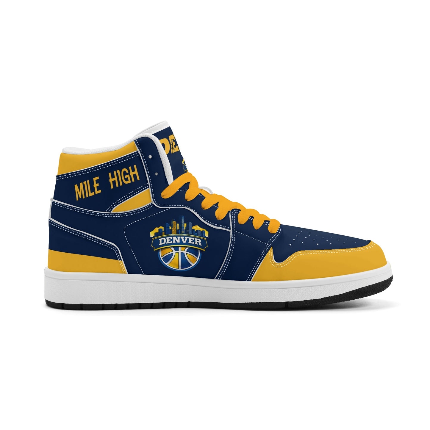 Denver basketball-inspired high top sneakers in navy with all-over city graphic printed upper