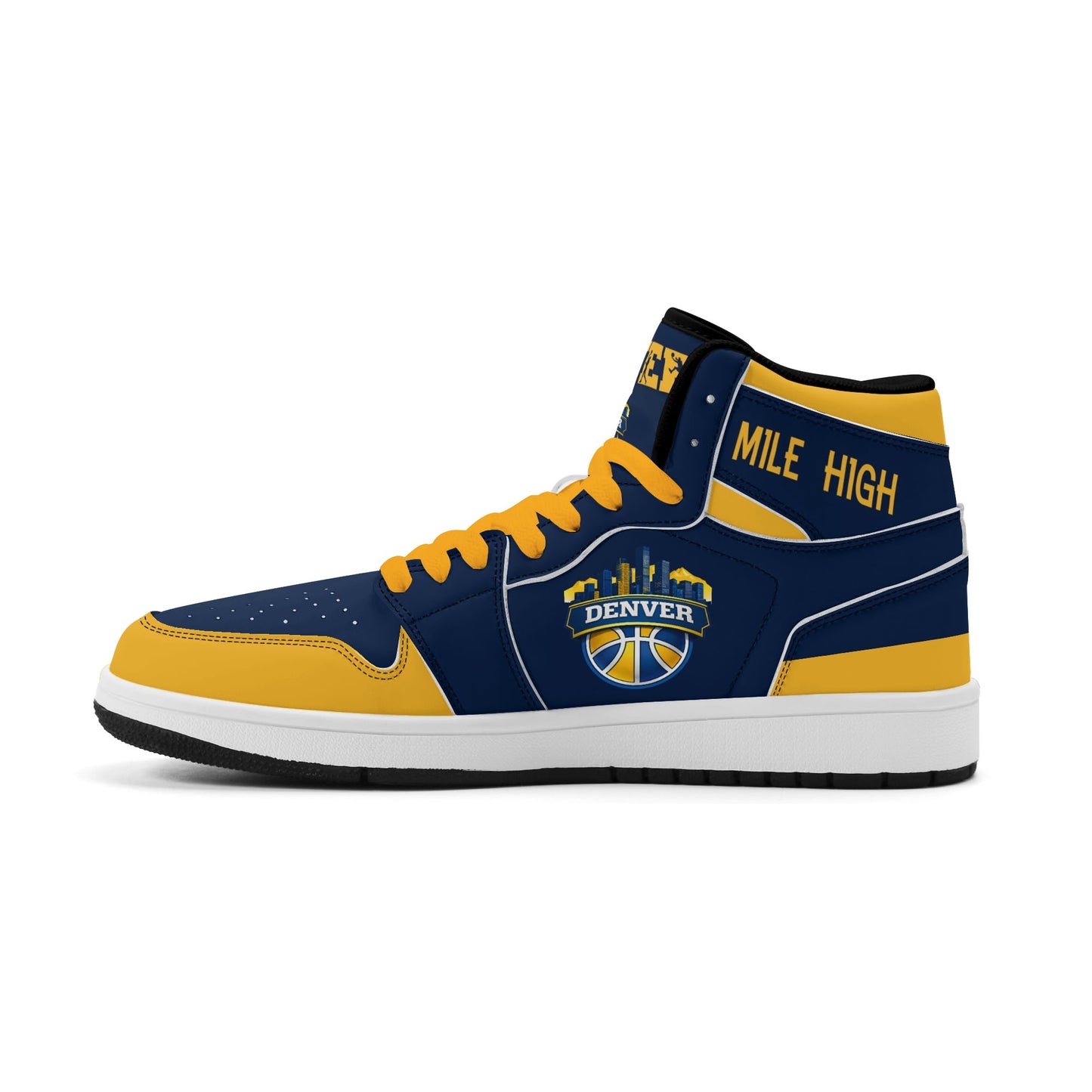 Denver basketball-inspired high top sneakers in navy with all-over city graphic printed upper