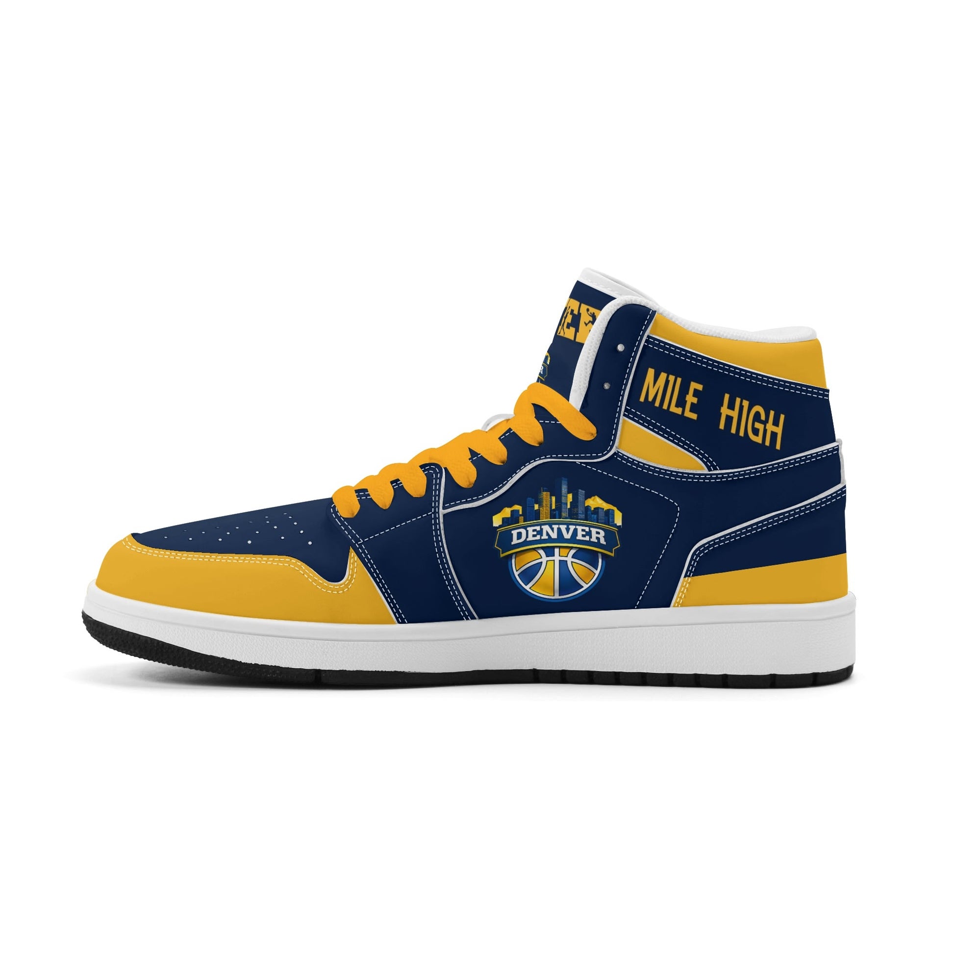 Denver basketball-inspired high top sneakers in navy with all-over city graphic printed upper
