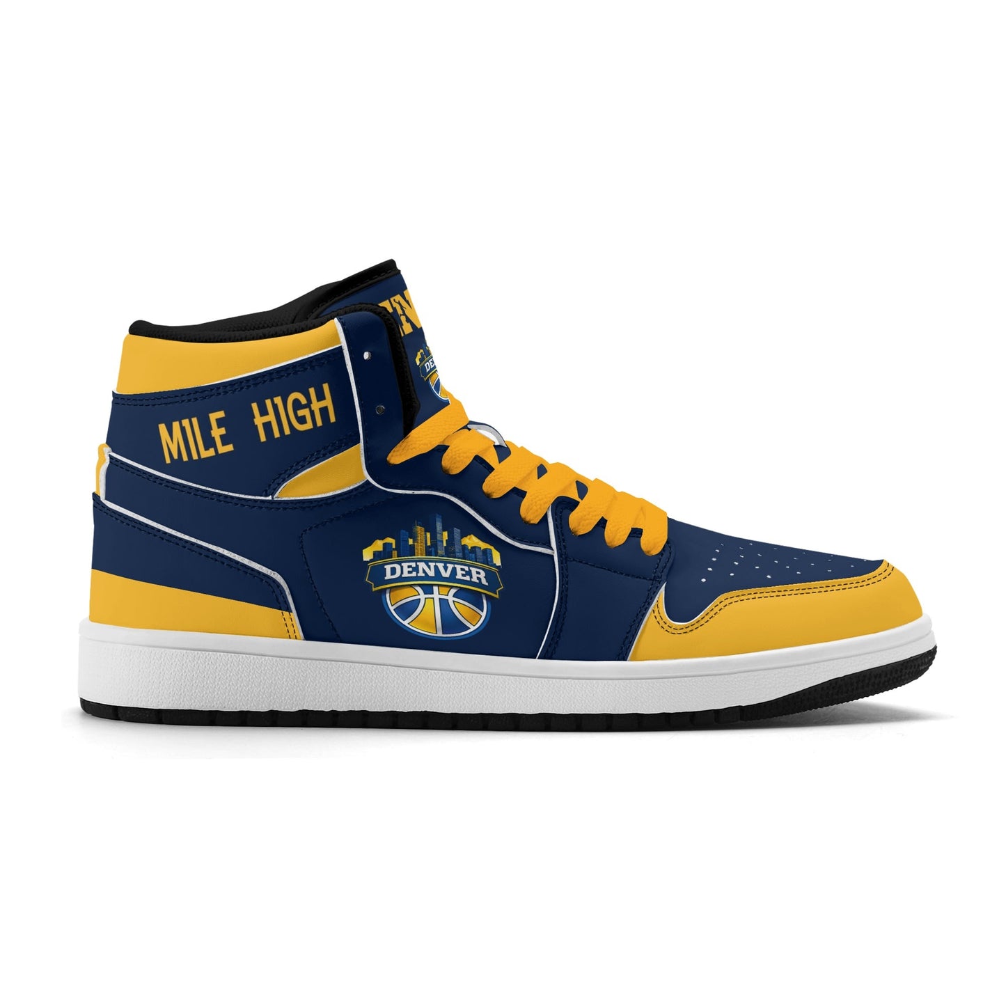 Denver basketball-inspired high top sneakers in navy with all-over city graphic printed upper