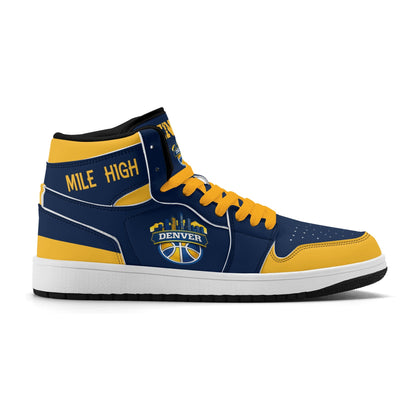 Denver basketball-inspired high top sneakers in navy with all-over city graphic printed upper