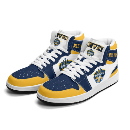 Denver basketball-inspired high top sneakers in white with all-over city graphic printed upper