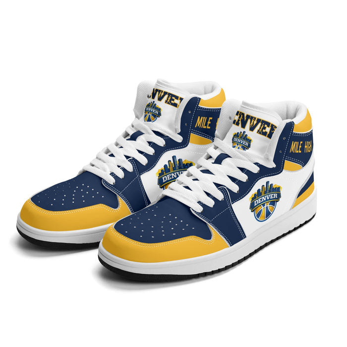 Denver basketball Jamrock High top sneakers in white, navy and gold with MILE HIGH collar and DENVER skyline badge