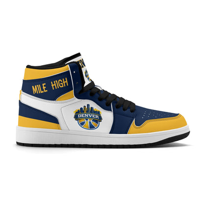 Denver basketball-inspired high top sneakers in white with all-over city graphic printed upper
