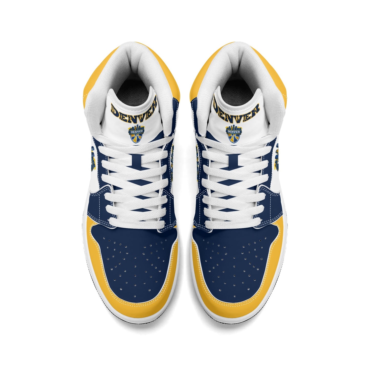 Denver basketball-inspired high top sneakers in white with all-over city graphic printed upper