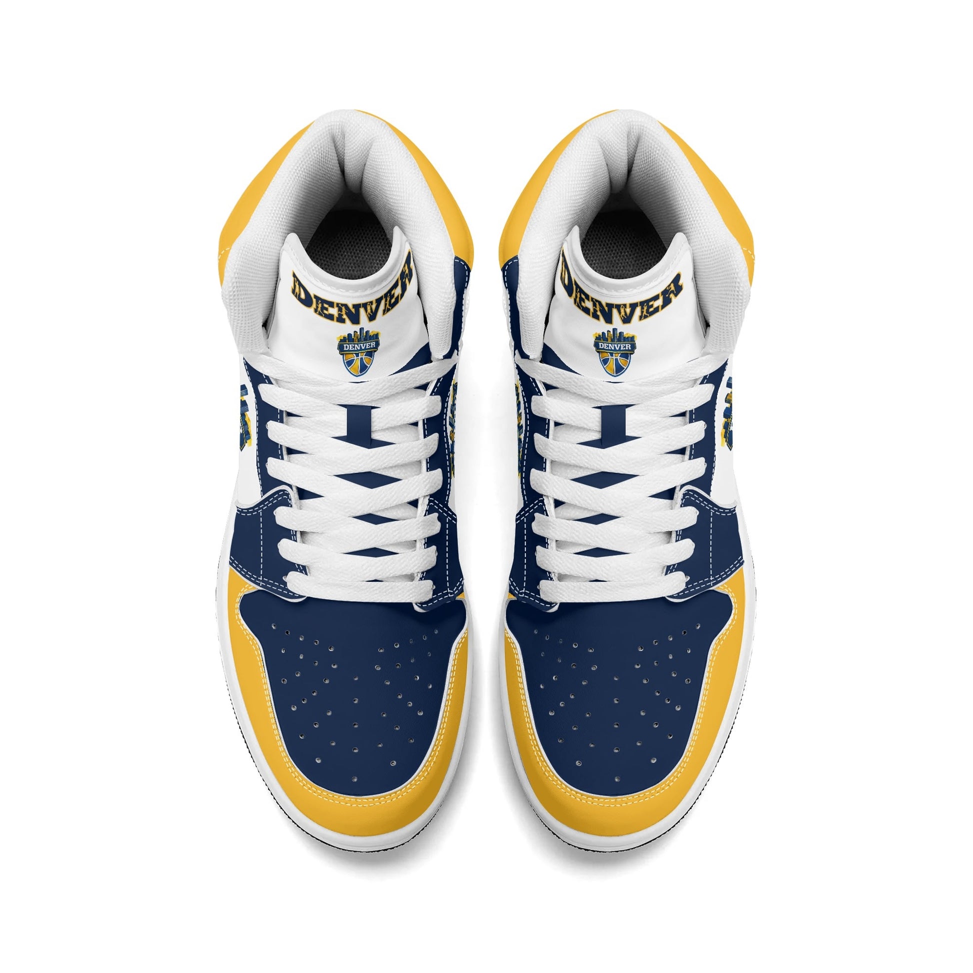 Denver basketball-inspired high top sneakers in white with all-over city graphic printed upper
