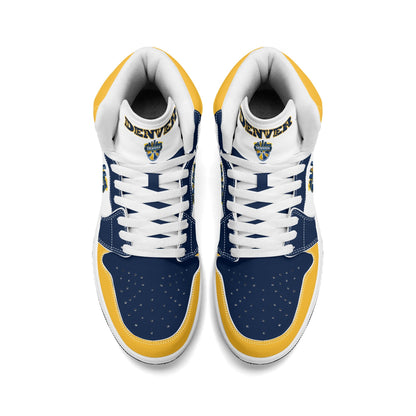 Denver basketball-inspired high top sneakers in white with all-over city graphic printed upper