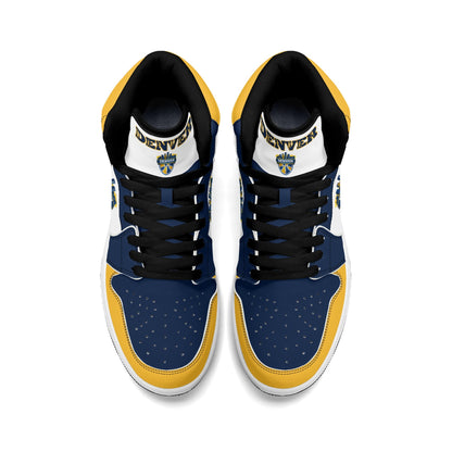 Denver basketball-inspired high top sneakers in white with all-over city graphic printed upper