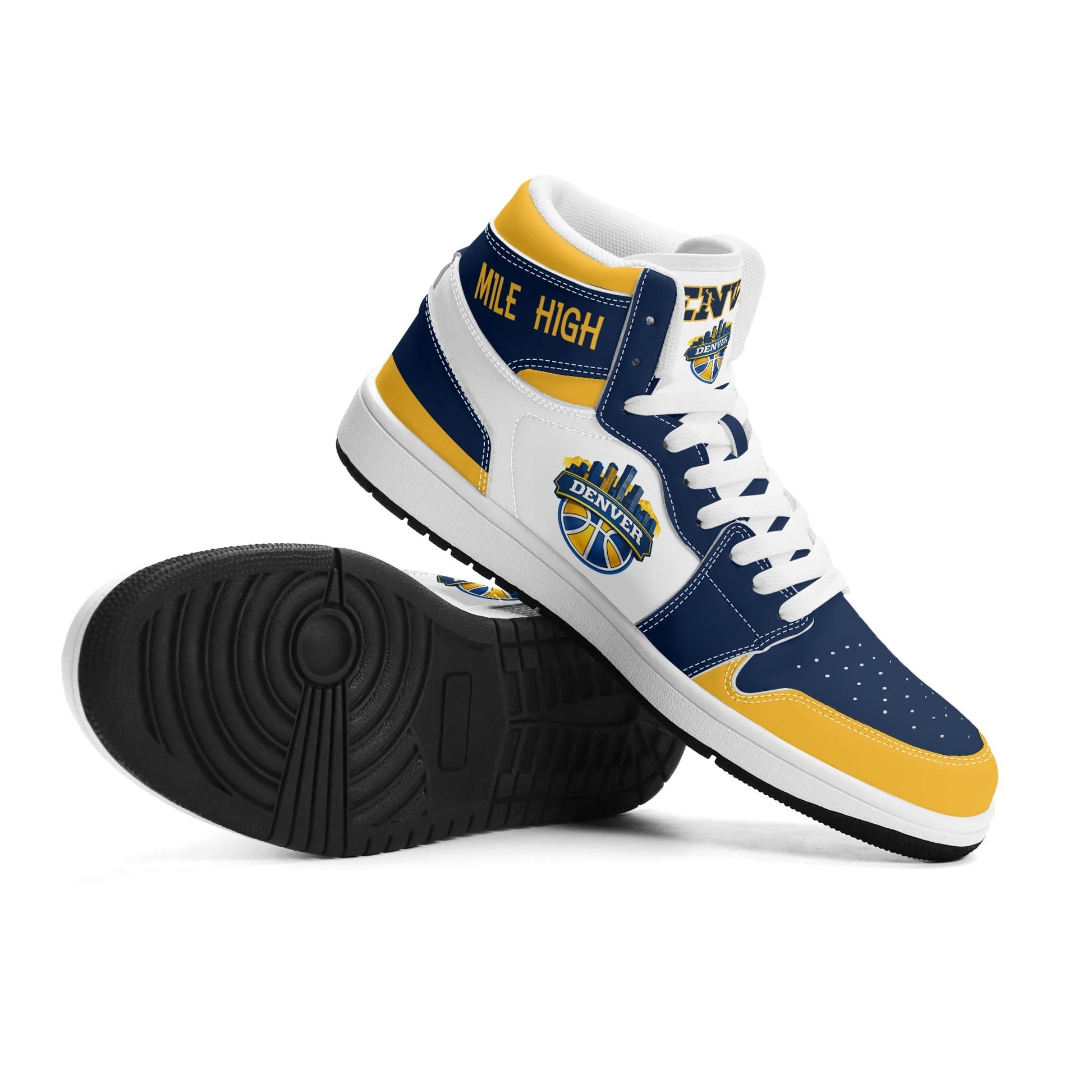 Denver basketball-inspired high top sneakers in white with all-over city graphic printed upper