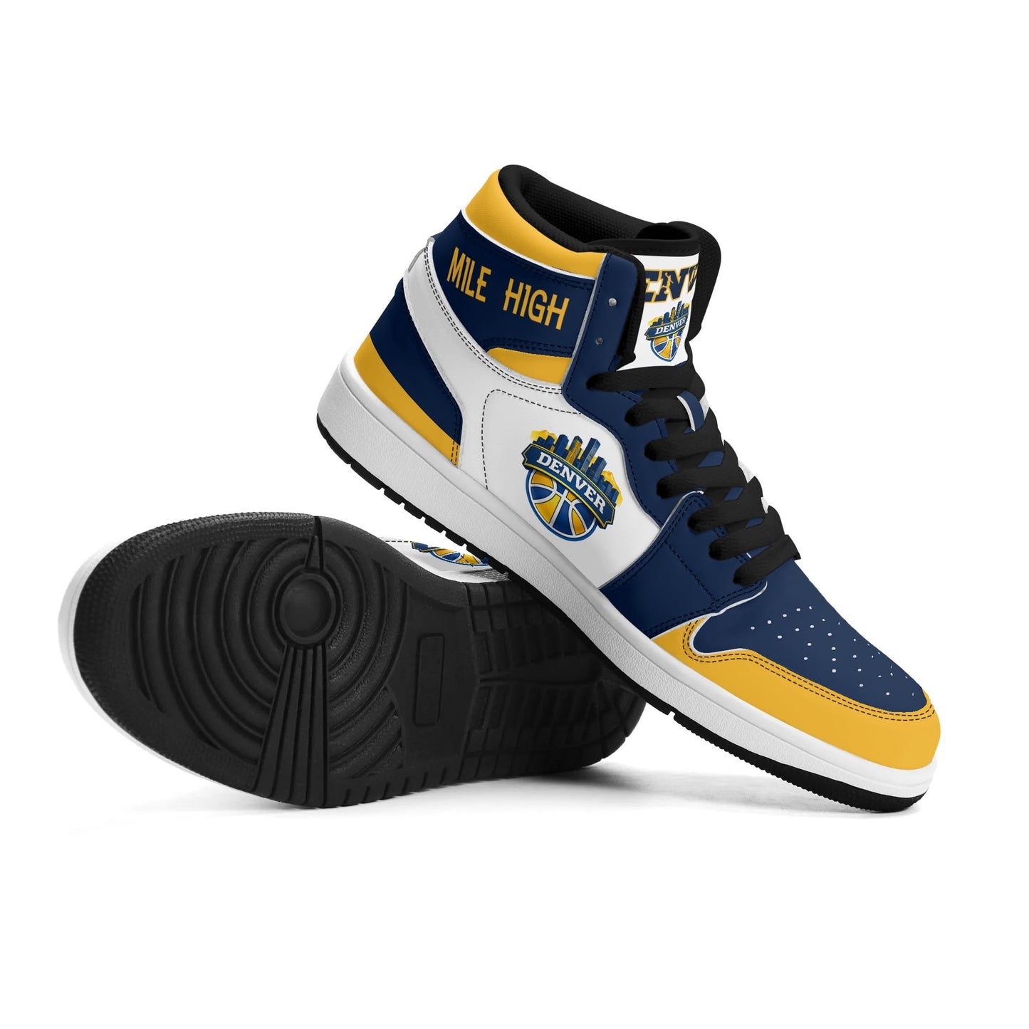 Denver basketball-inspired high top sneakers in white with all-over city graphic printed upper