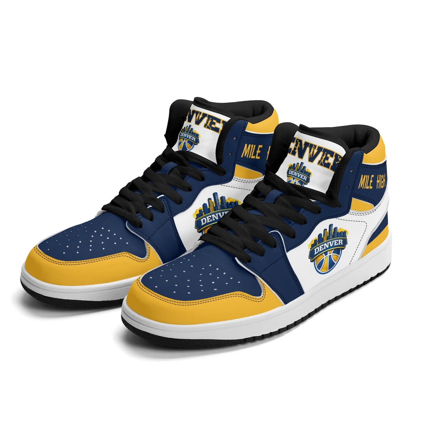 Denver basketball-inspired high top sneakers in white with all-over city graphic printed upper