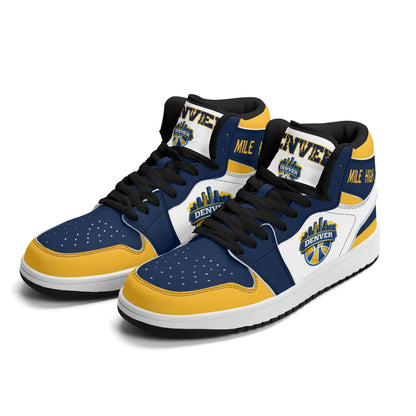 Denver basketball-inspired high top sneakers in white with all-over city graphic printed upper