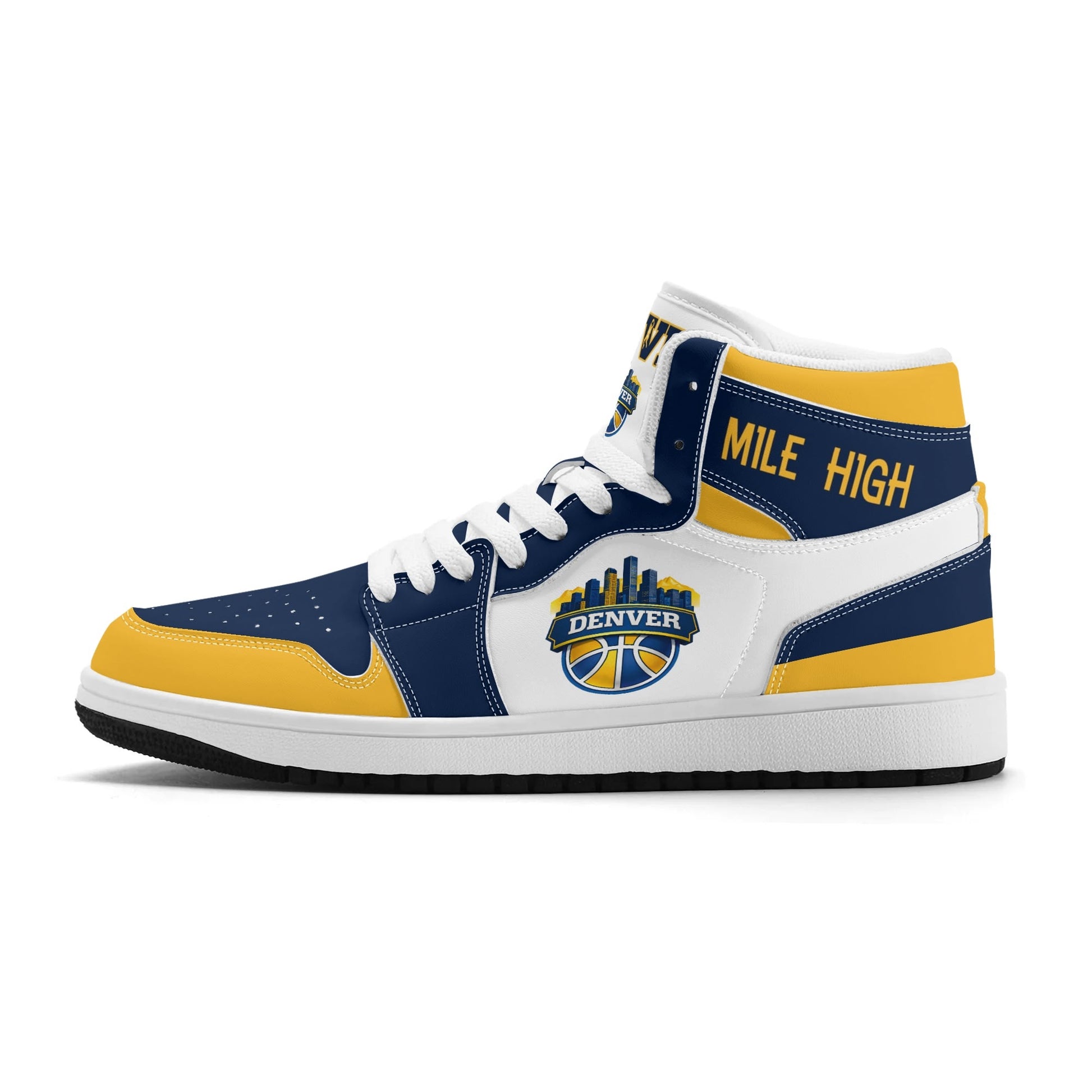 Denver basketball-inspired high top sneakers in white with all-over city graphic printed upper