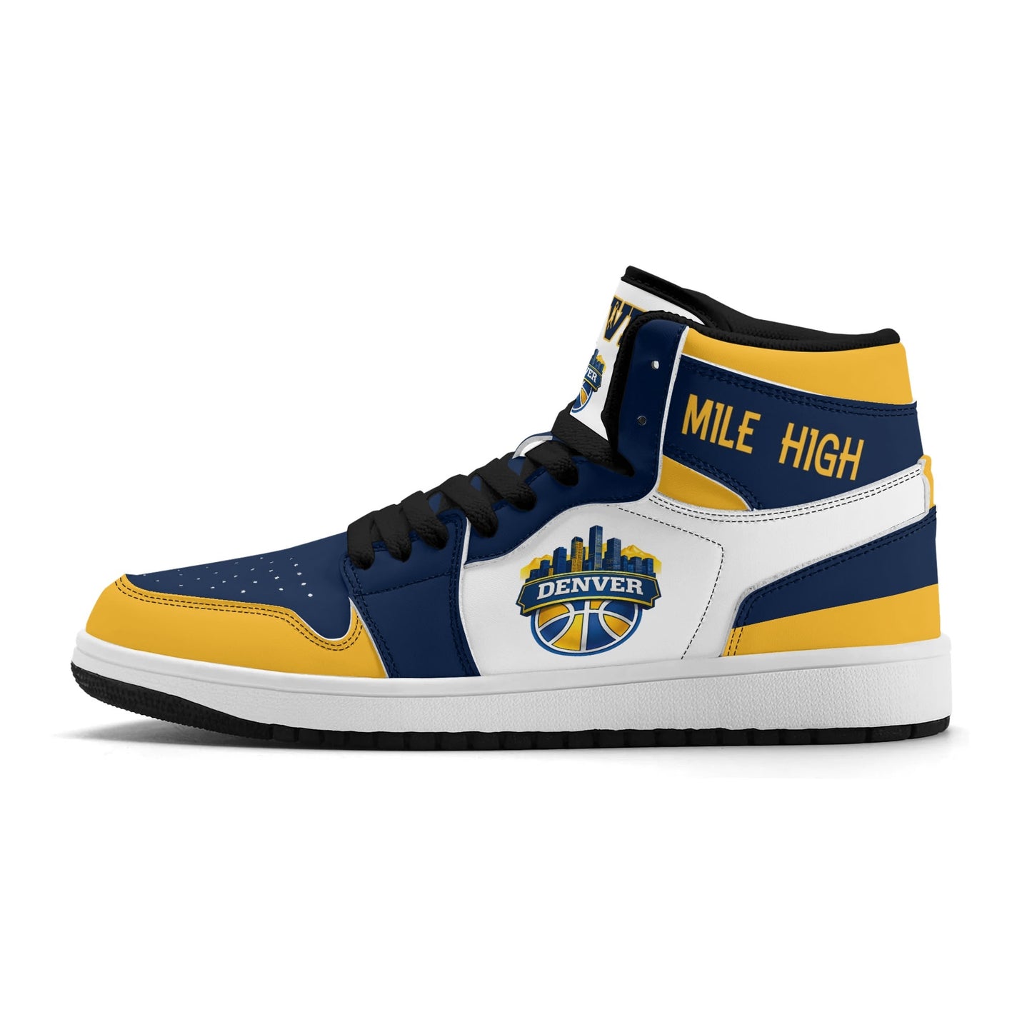 Denver basketball-inspired high top sneakers in white with all-over city graphic printed upper