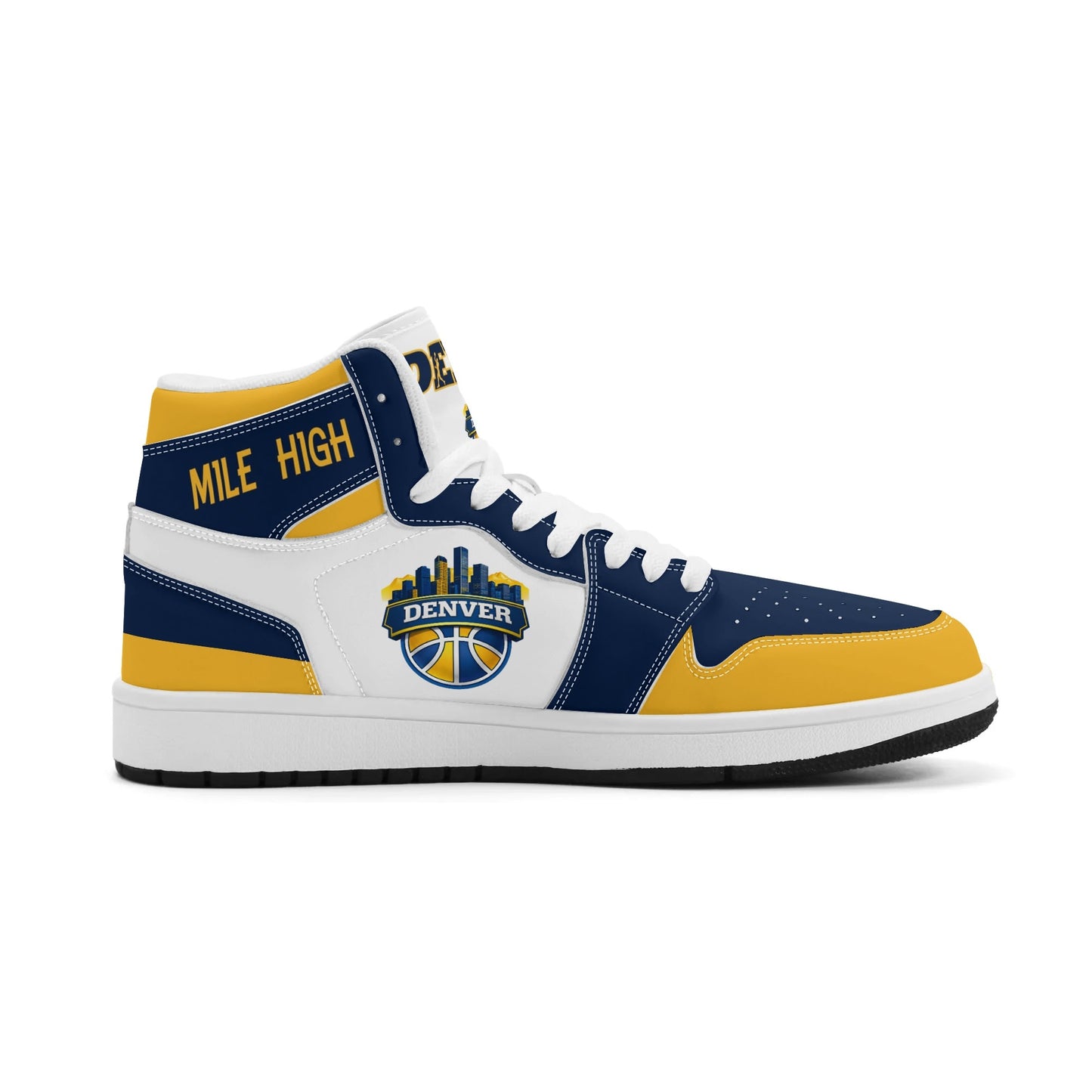 Denver basketball-inspired high top sneakers in white with all-over city graphic printed upper