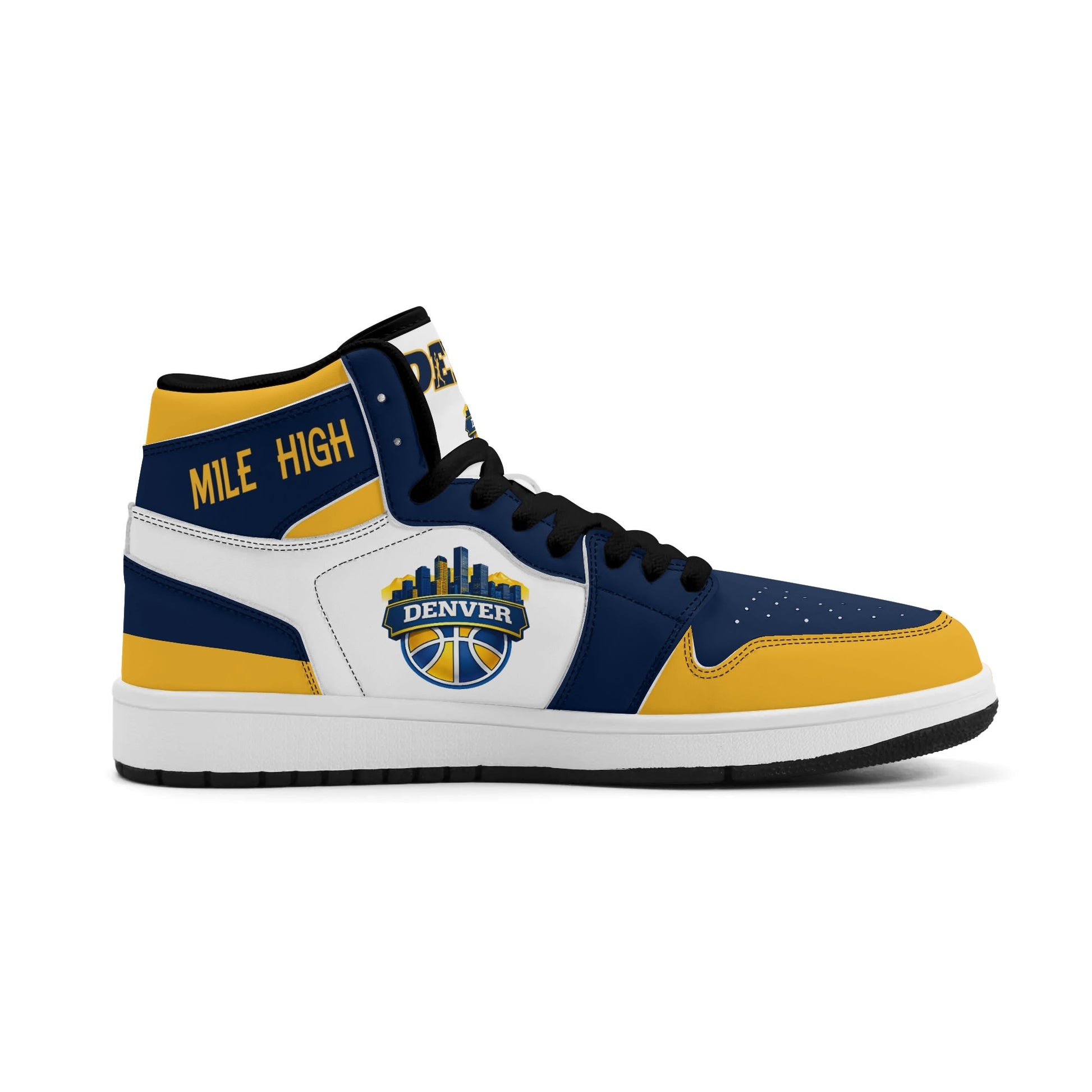 Denver basketball-inspired high top sneakers in white with all-over city graphic printed upper
