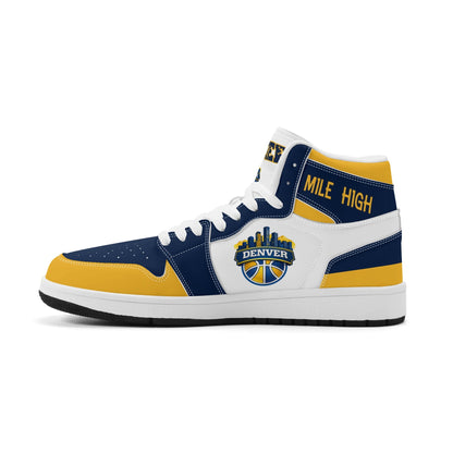 Denver basketball-inspired high top sneakers in white with all-over city graphic printed upper