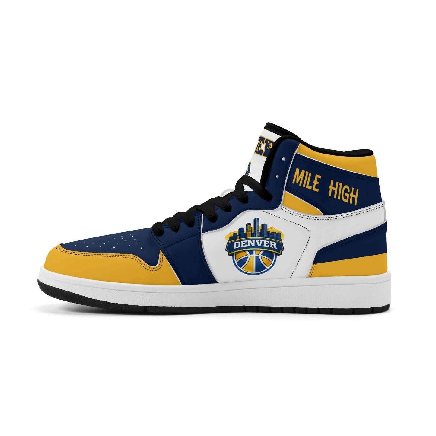 Denver basketball-inspired high top sneakers in white with all-over city graphic printed upper