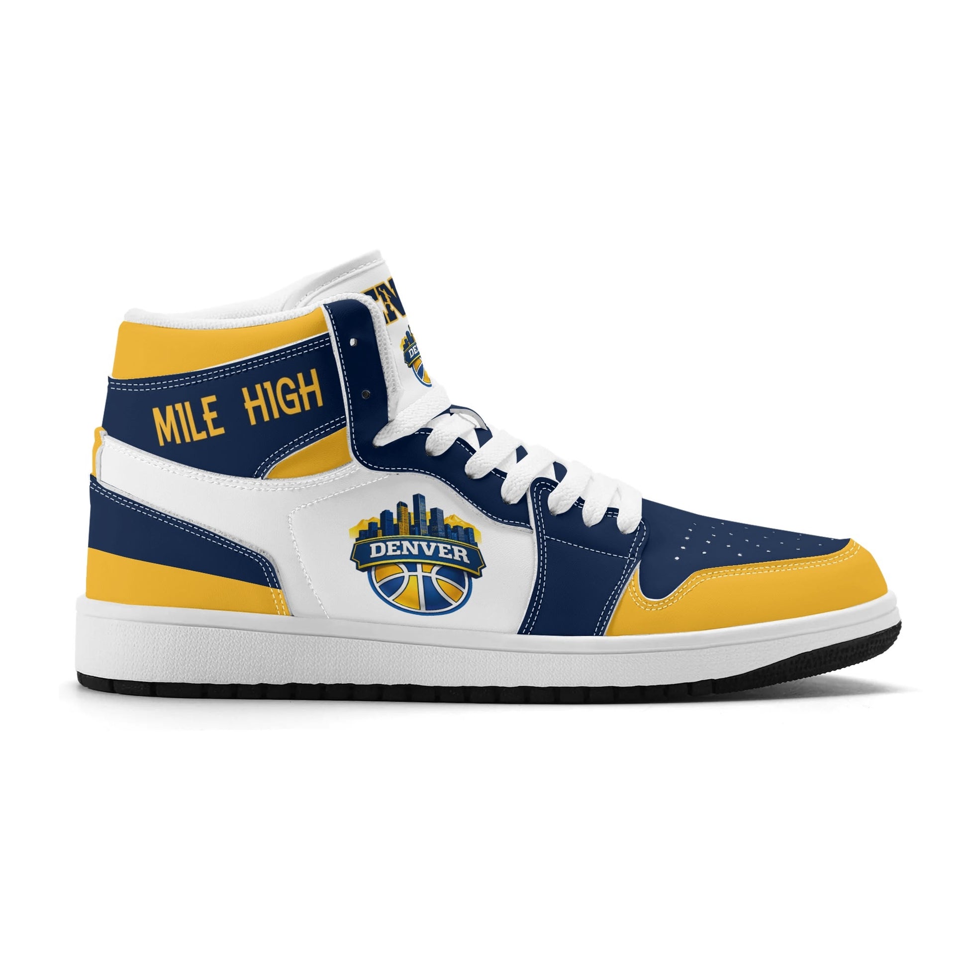 Denver basketball-inspired high top sneakers in white with all-over city graphic printed upper