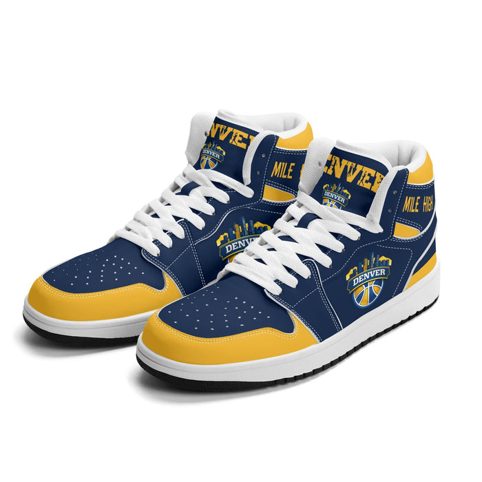 Denver basketball Jamrock High top sneakers in navy and gold with MILE HIGH collar and DENVER skyline badge