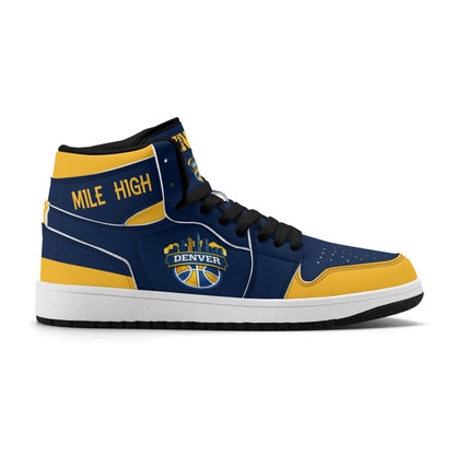 Denver basketball-inspired high top sneakers in navy with all-over city graphic printed upper