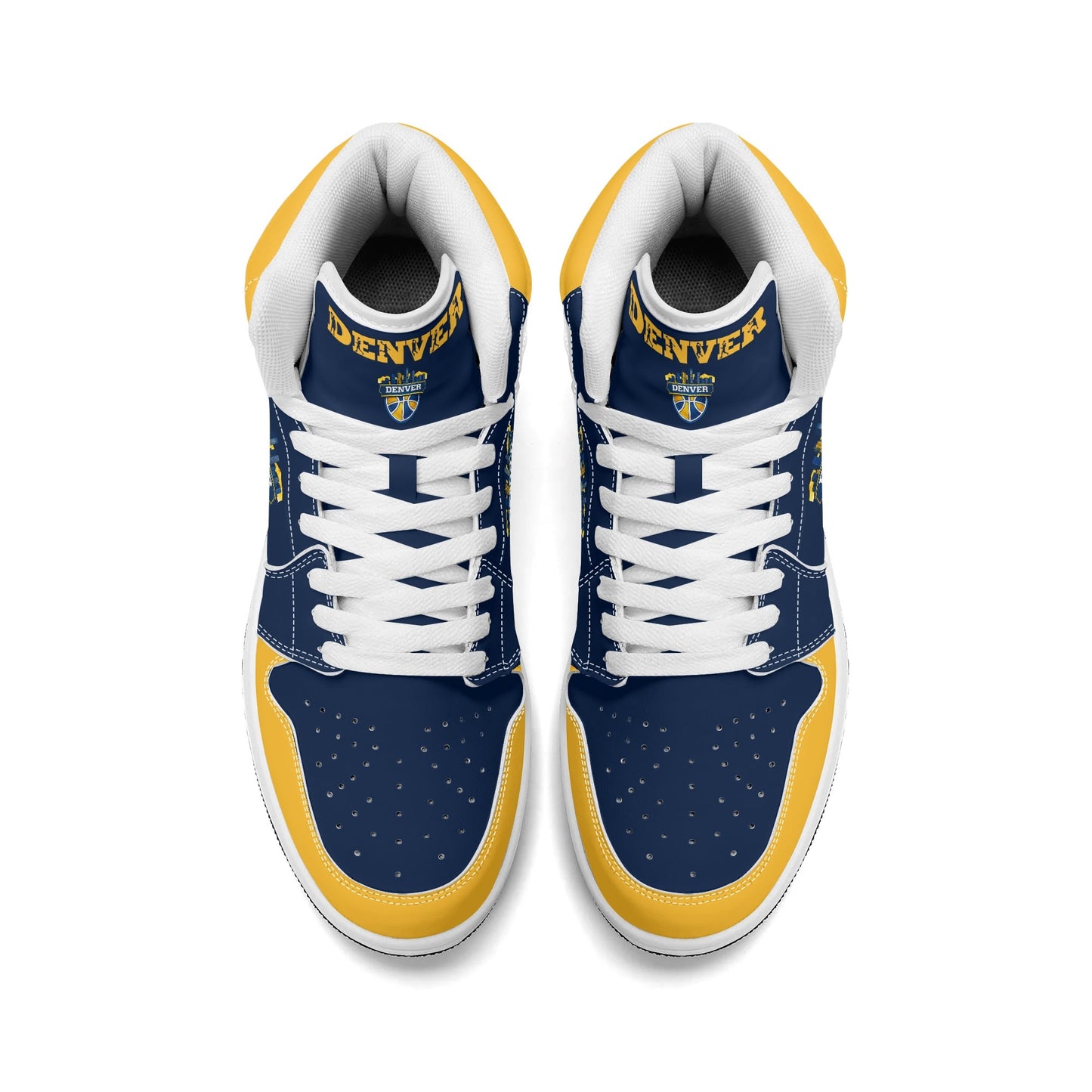 Denver basketball-inspired high top sneakers in navy with all-over city graphic printed upper