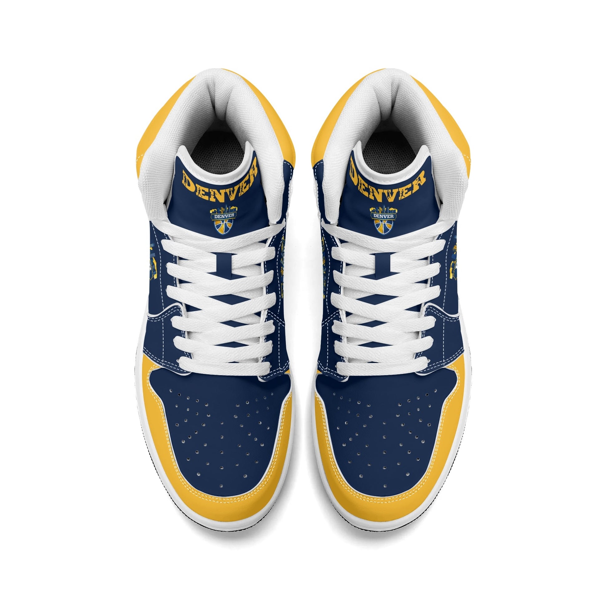 Denver basketball-inspired high top sneakers in navy with all-over city graphic printed upper