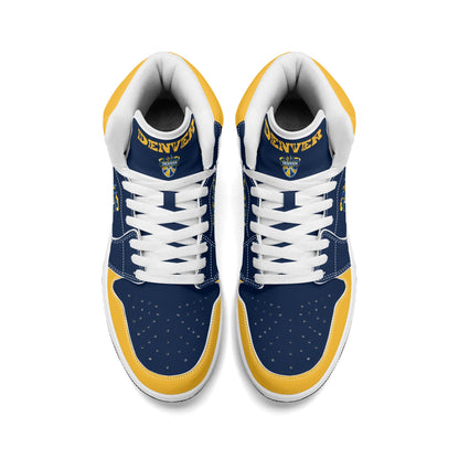Denver basketball-inspired high top sneakers in navy with all-over city graphic printed upper